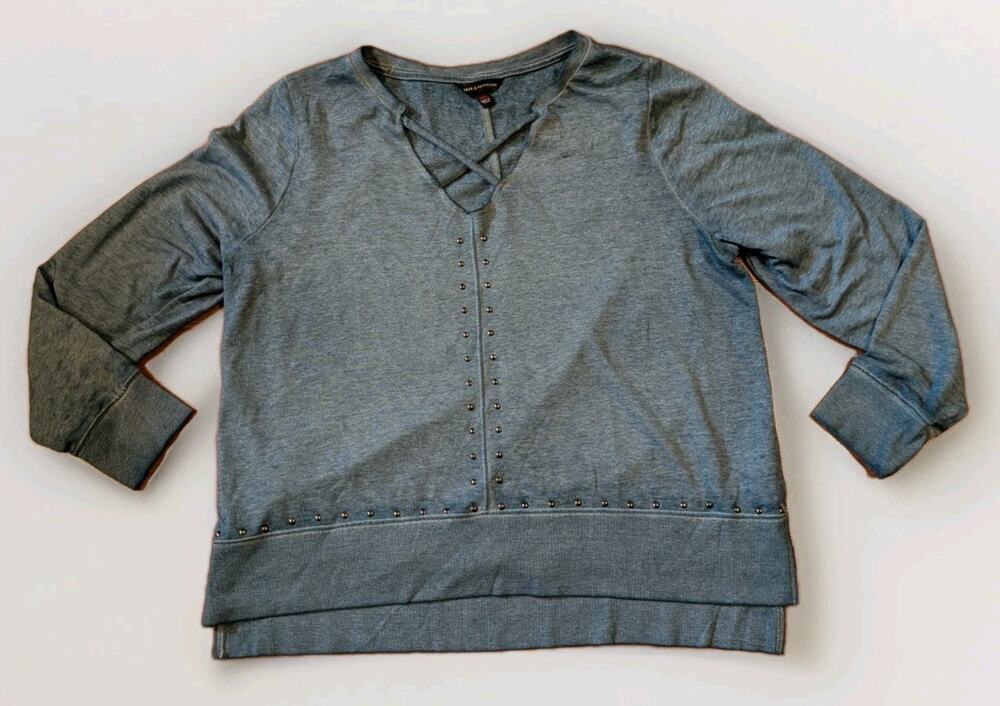 Rock & Republic Women’s Studded Tunic Top XXL Blue Criss Cross Neck Y2K Boho